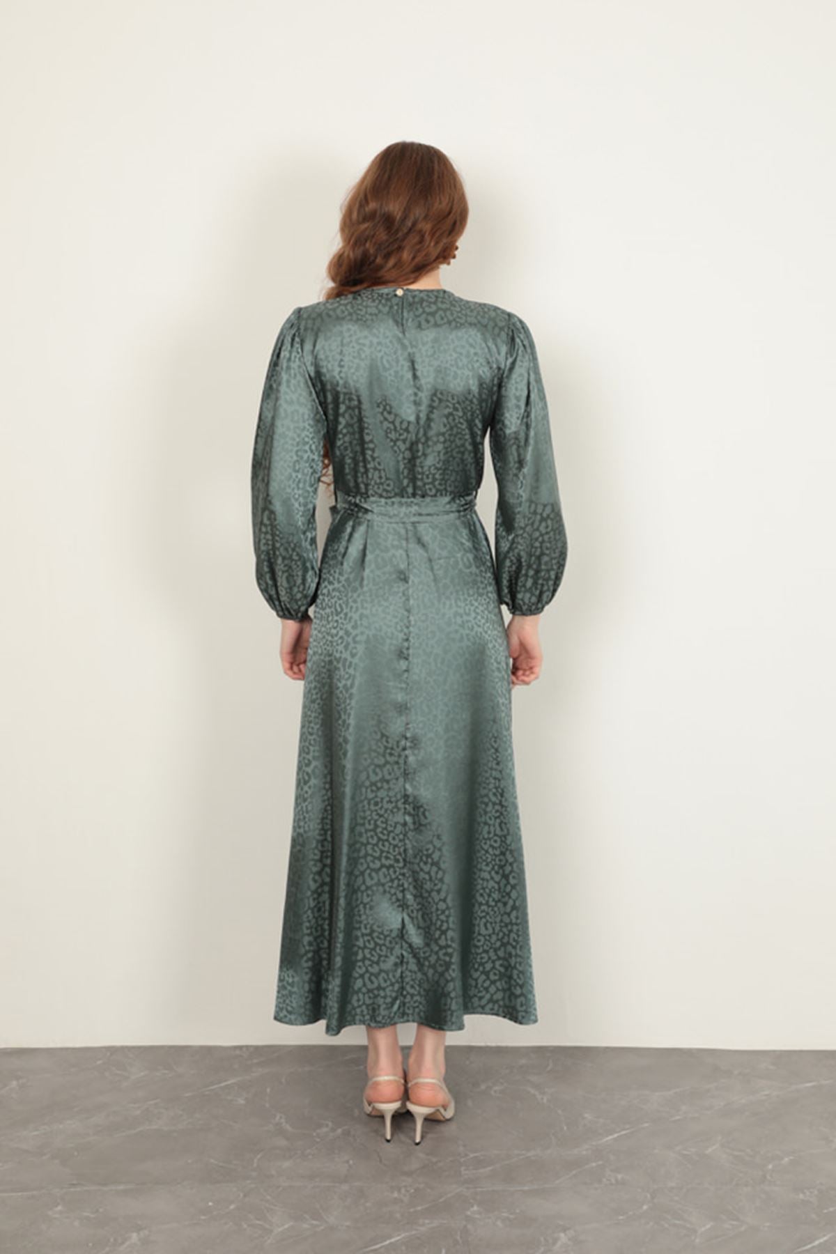 Jakar Kumaş Leopar Desen Kadın Elbise-Yeşil