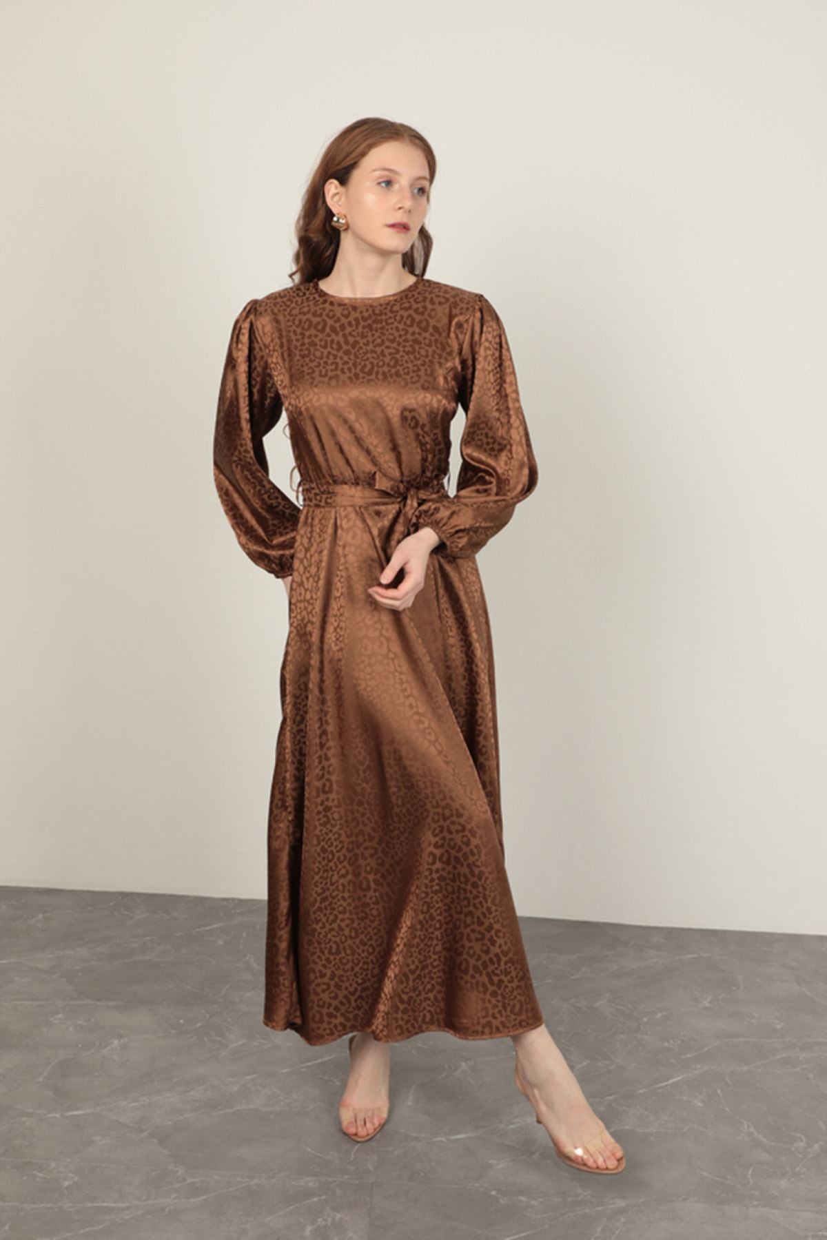 Jakar Kumaş Leopar Desen Kadın Elbise-Taba