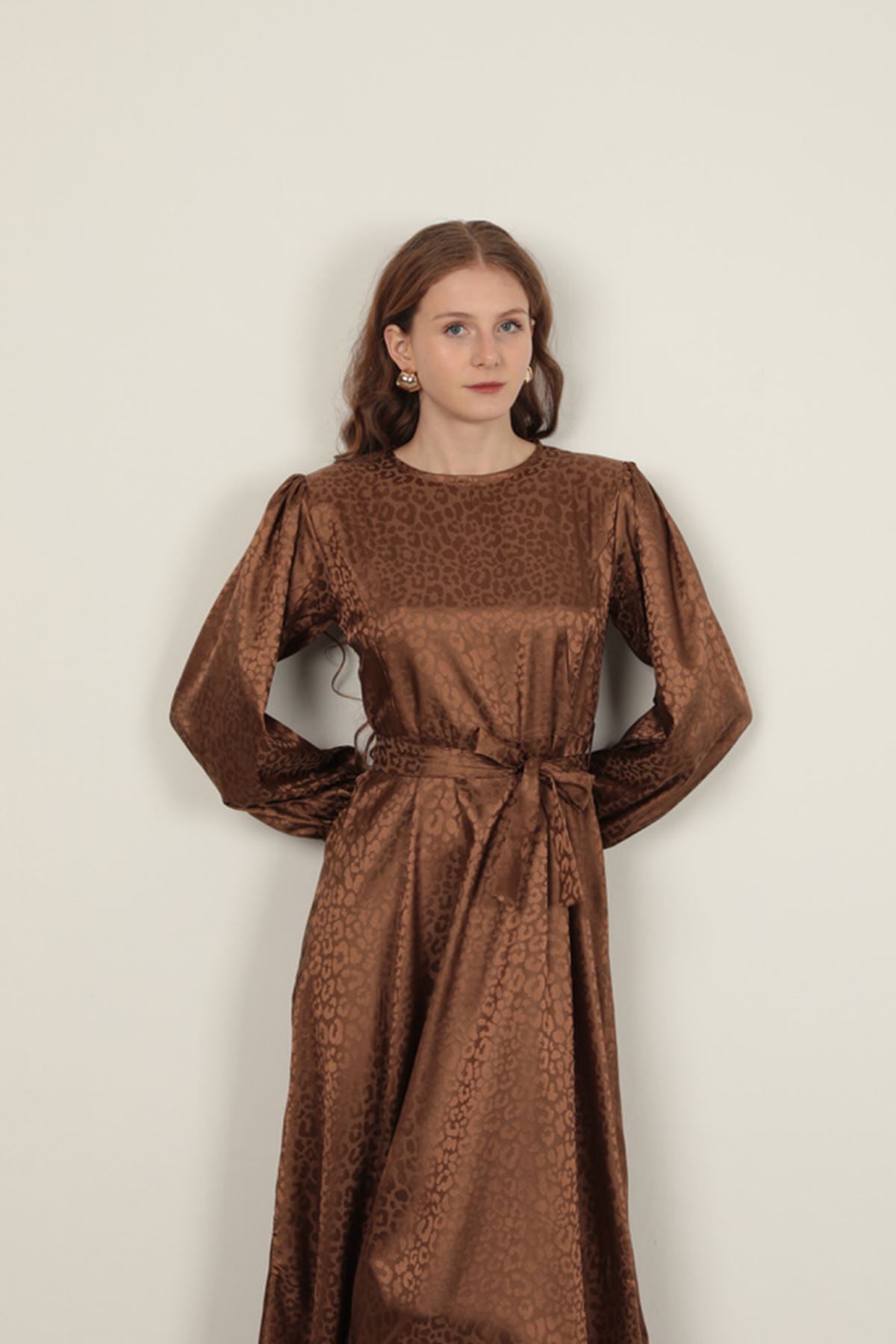 Jakar Kumaş Leopar Desen Kadın Elbise-Taba