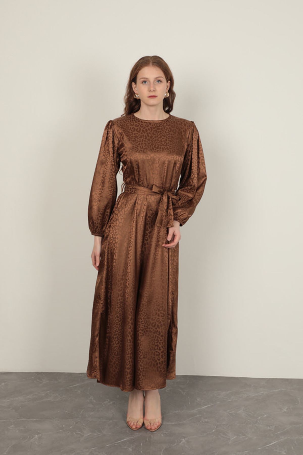 Jakar Kumaş Leopar Desen Kadın Elbise-Taba