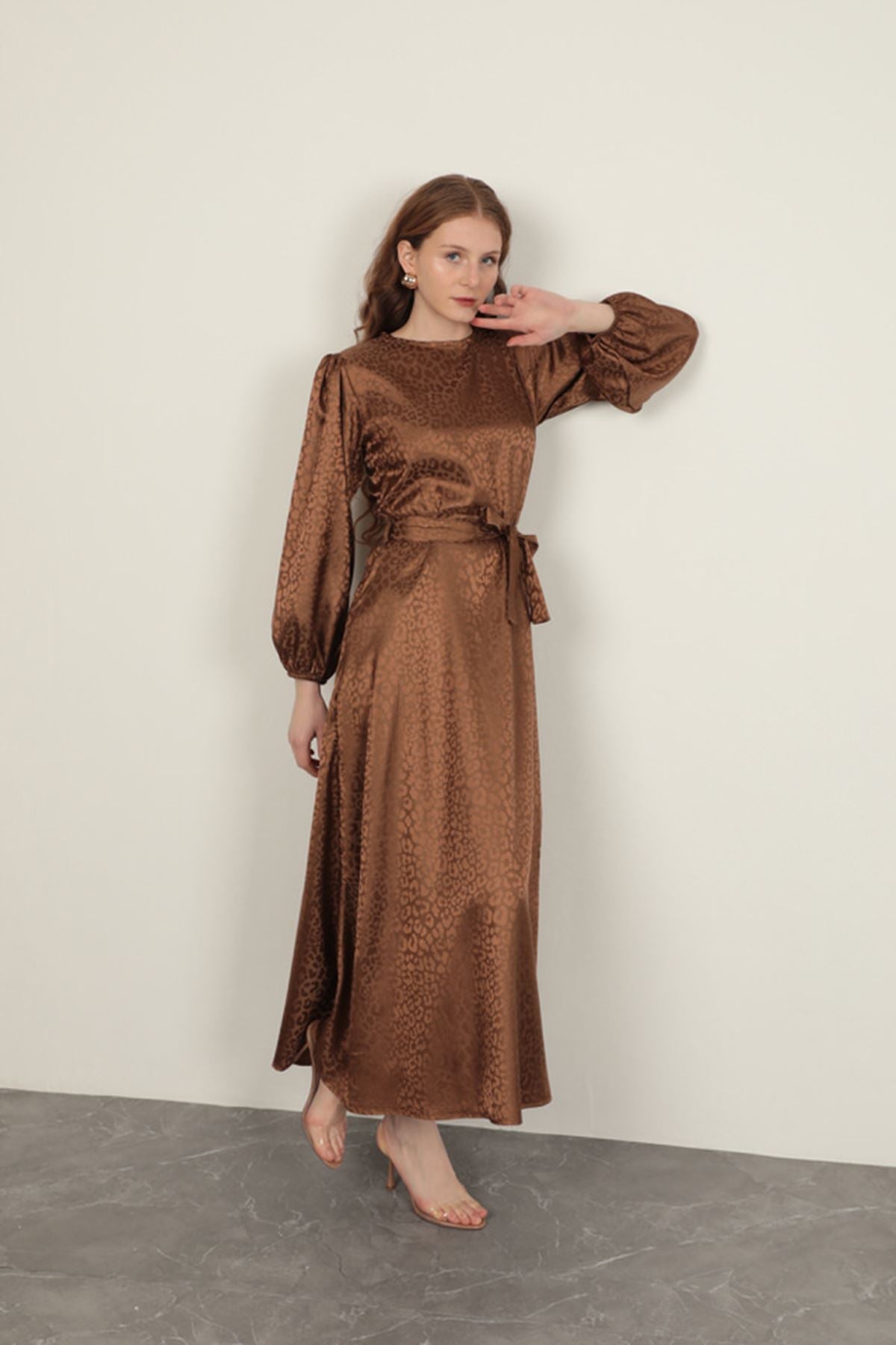 Jakar Kumaş Leopar Desen Kadın Elbise-Taba