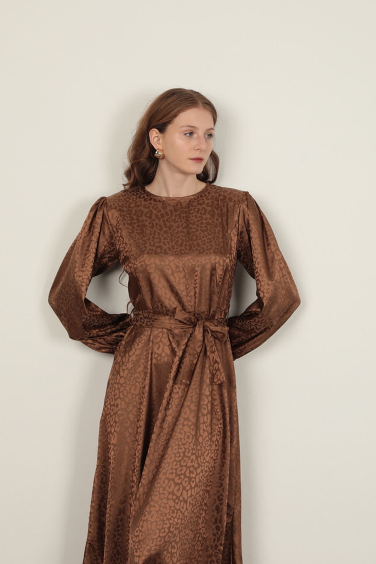 Jakar Kumaş Leopar Desen Kadın Elbise-Taba