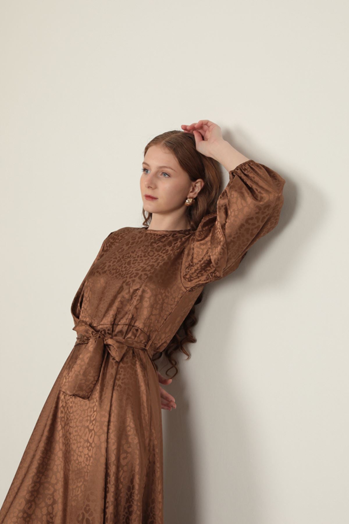 Jakar Kumaş Leopar Desen Kadın Elbise-Taba