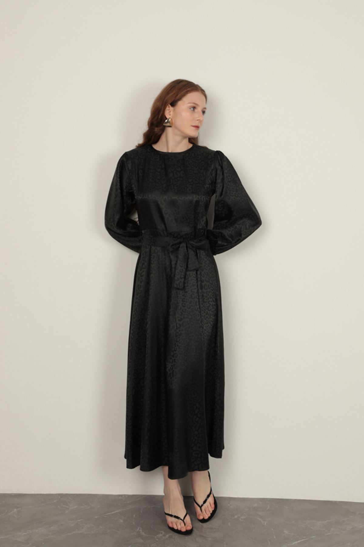 Jakar Kumaş Leopar Desen Kadın Elbise-Siyah