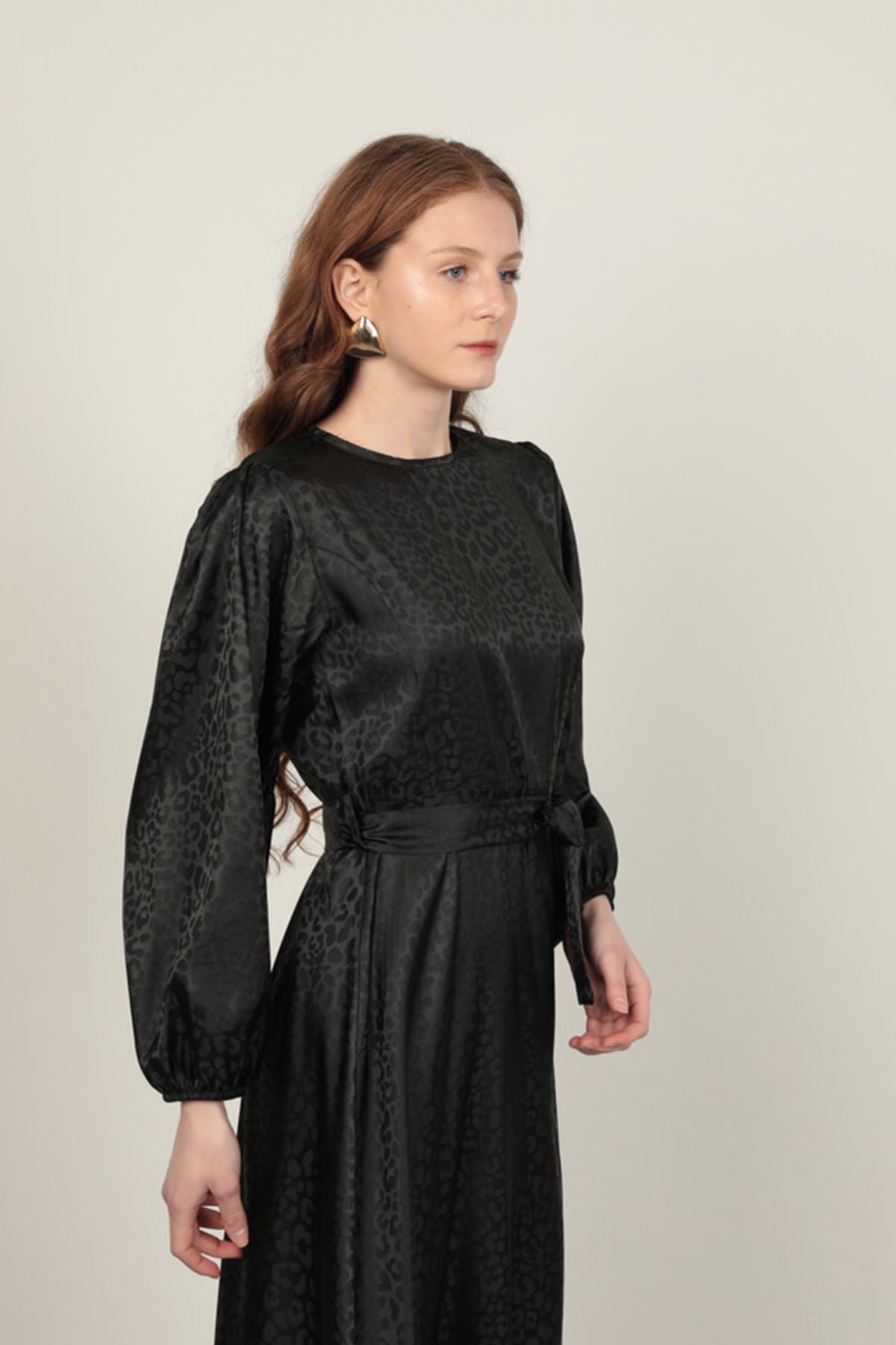 Jakar Kumaş Leopar Desen Kadın Elbise-Siyah