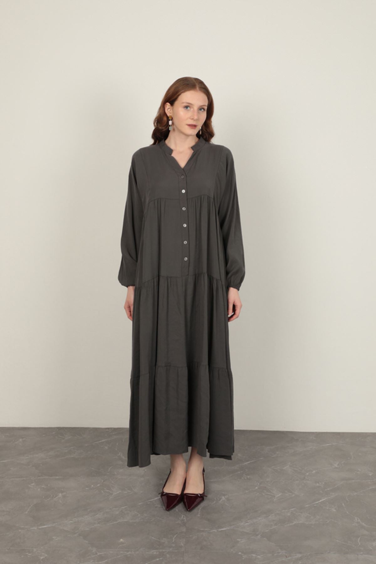 Modal Kumaş Kolu Lastikli Antrasit Elbise