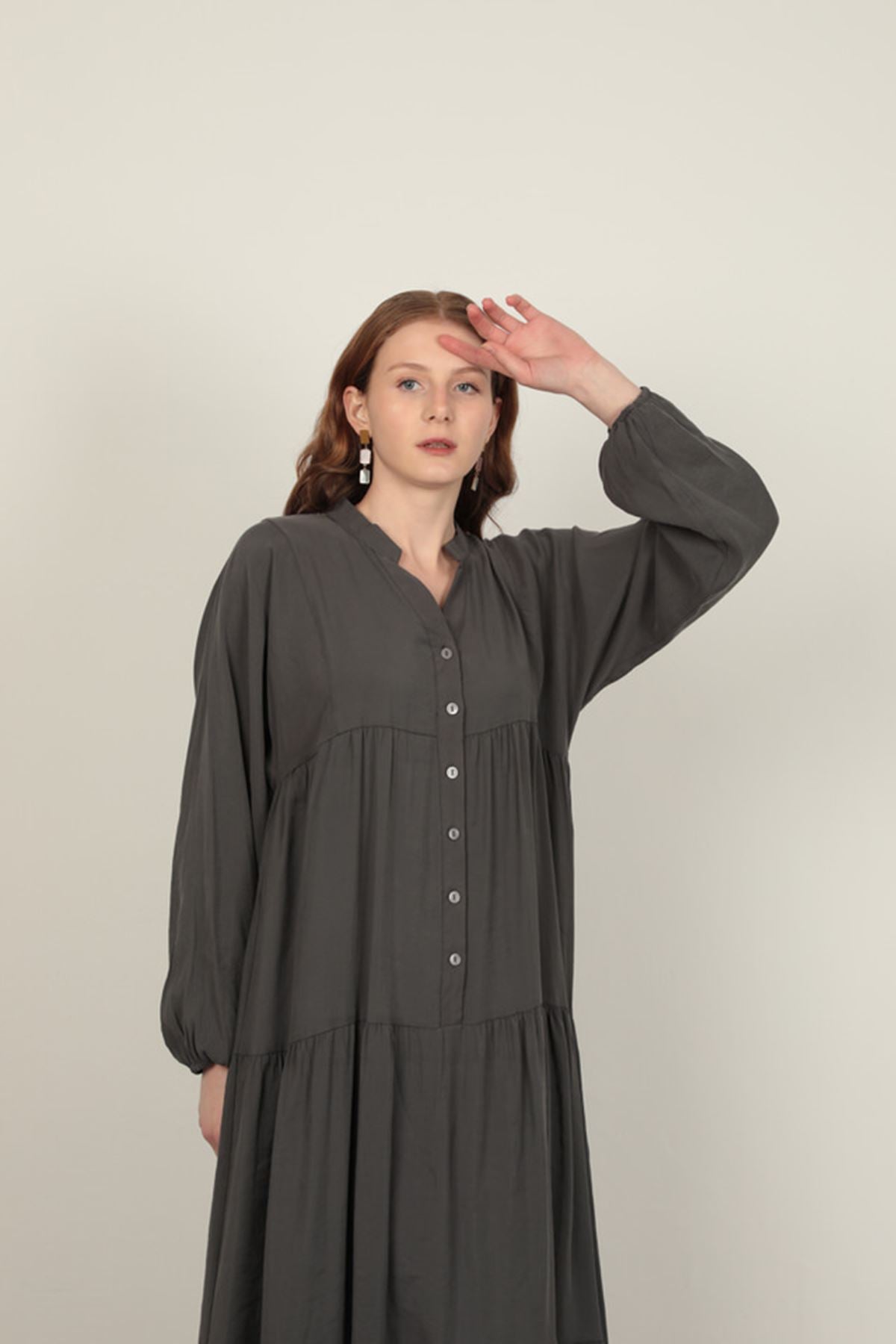 Modal Kumaş Kolu Lastikli Antrasit Elbise