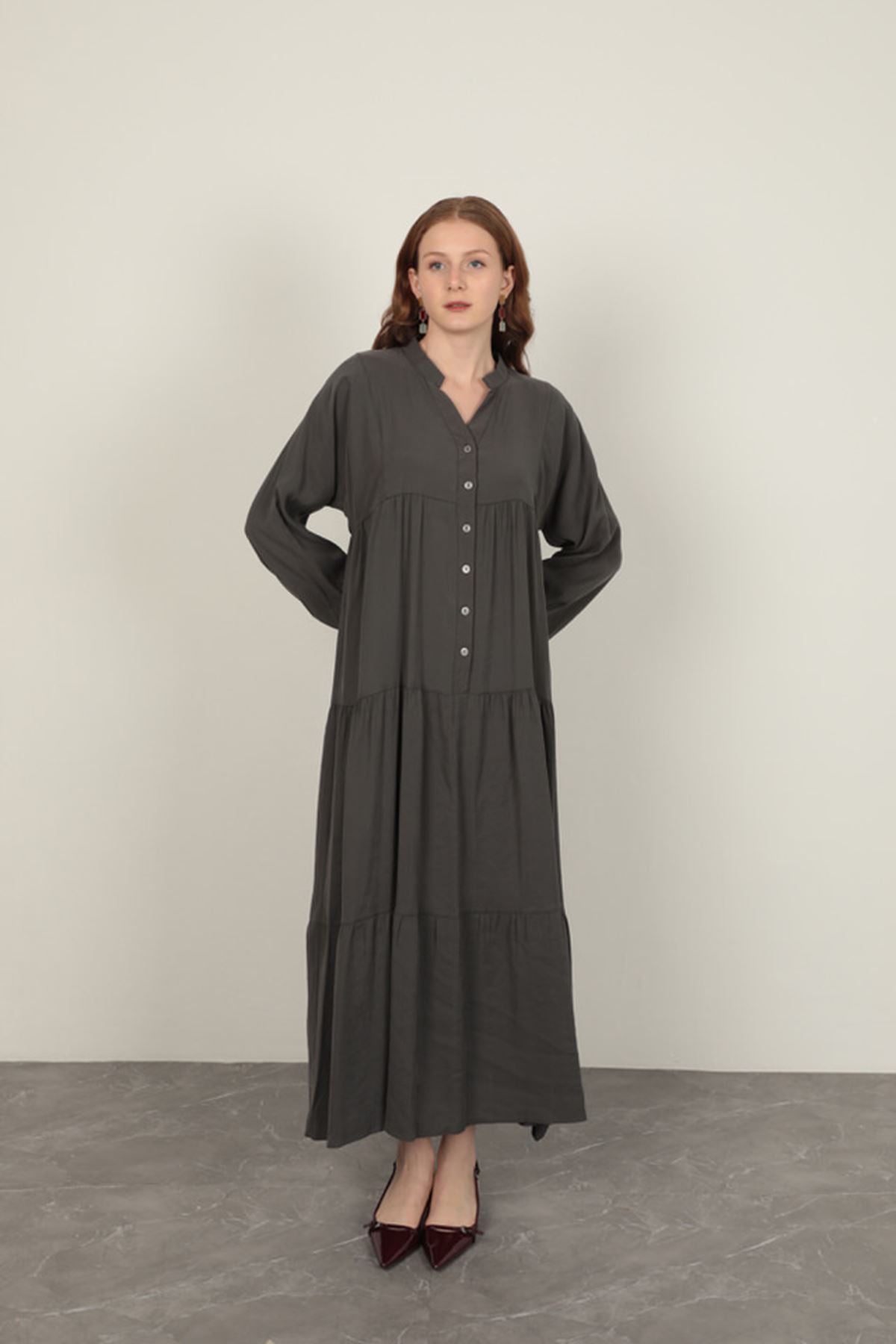 Modal Kumaş Kolu Lastikli Antrasit Elbise