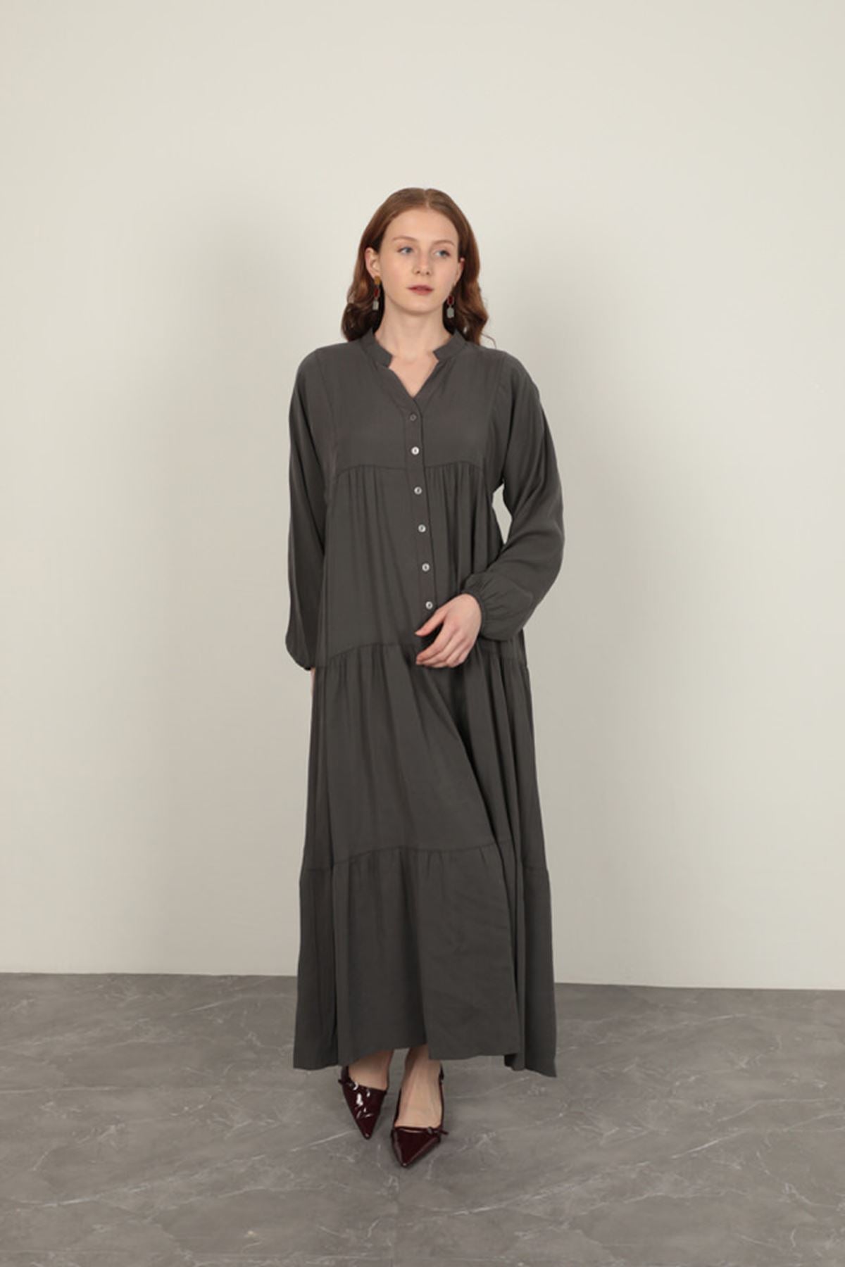 Modal Kumaş Kolu Lastikli Antrasit Elbise