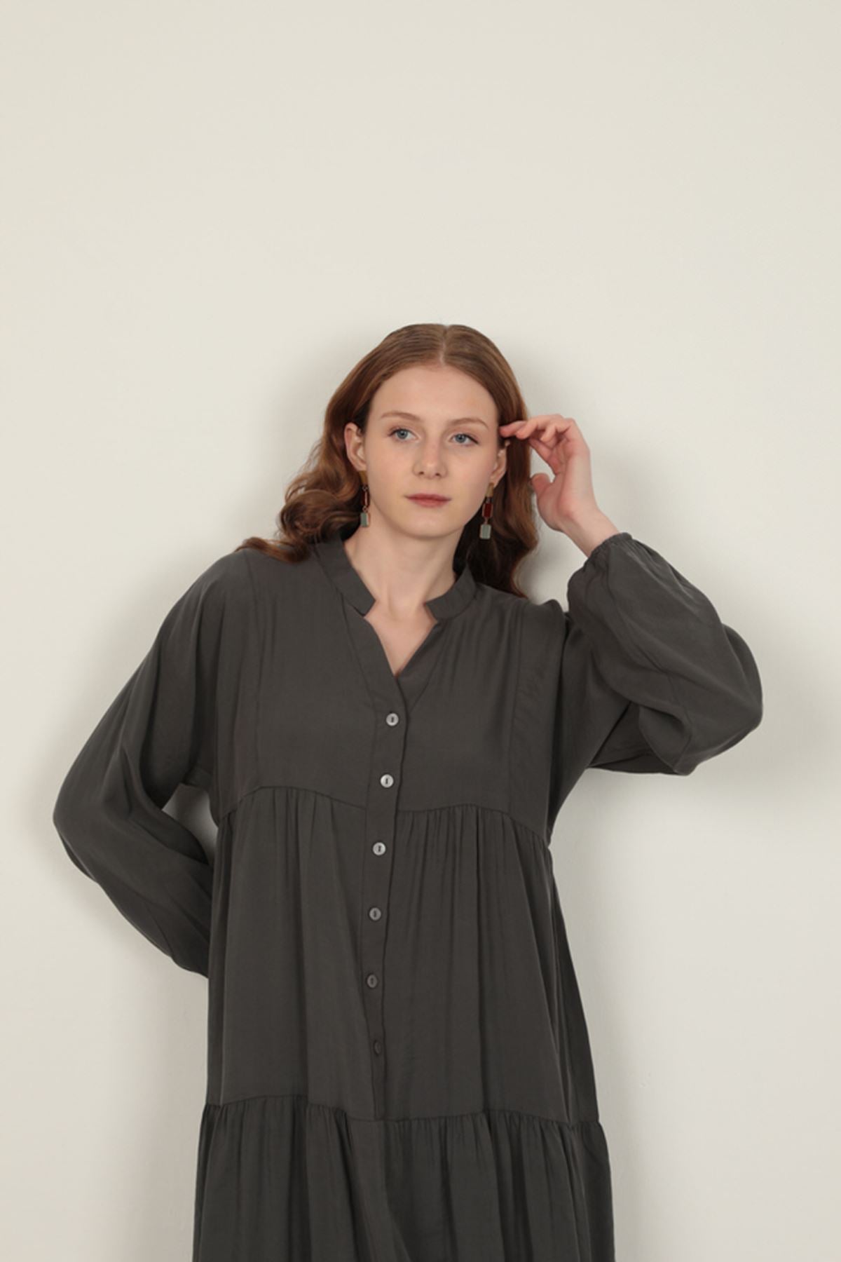 Modal Kumaş Kolu Lastikli Antrasit Elbise