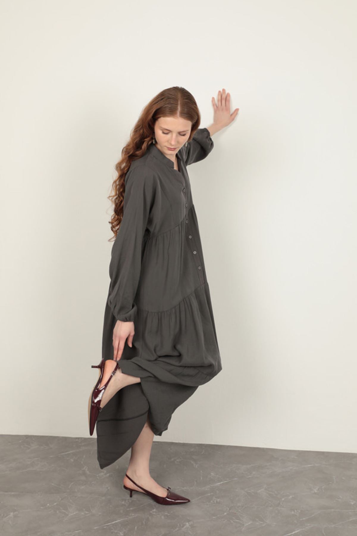 Modal Kumaş Kolu Lastikli Antrasit Elbise
