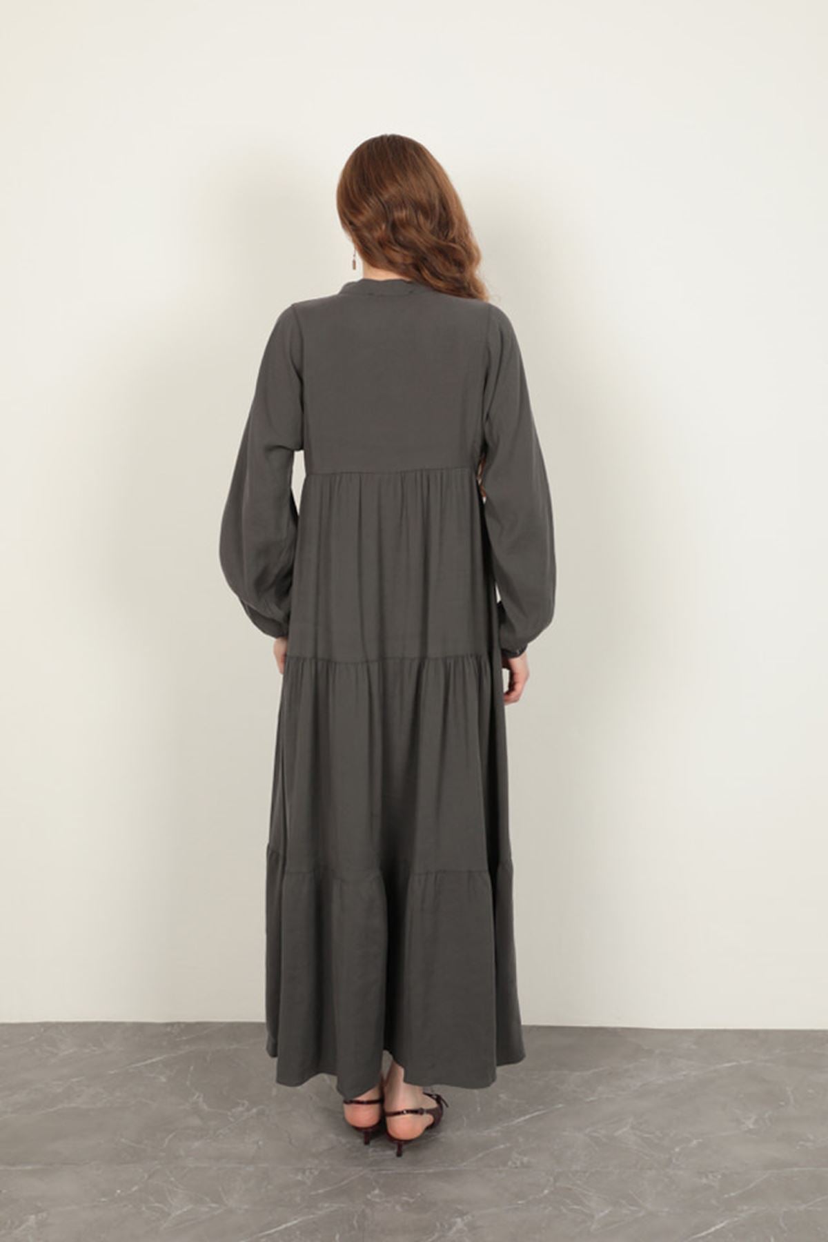 Modal Kumaş Kolu Lastikli Antrasit Elbise