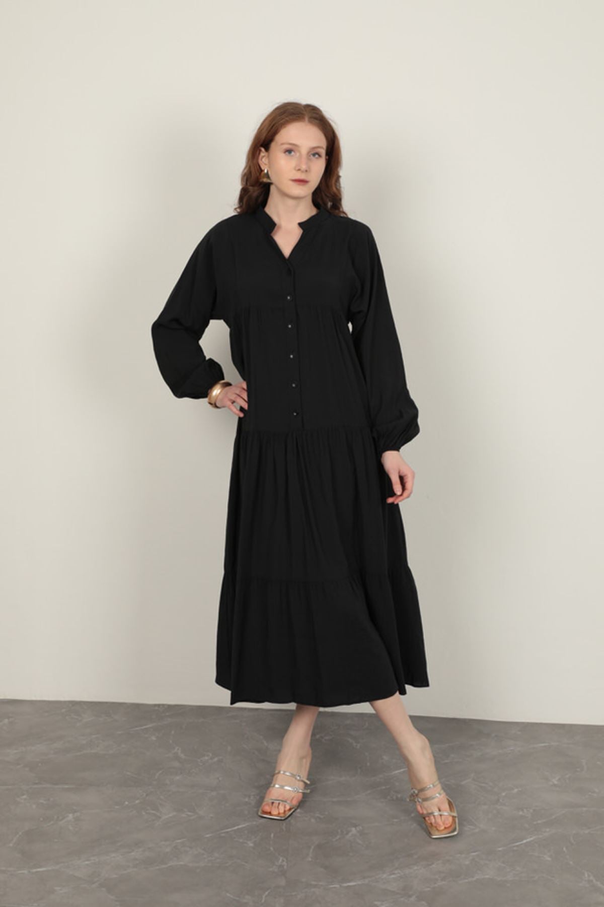 Modal Kumaş Kolu Lastikli Siyah Elbise