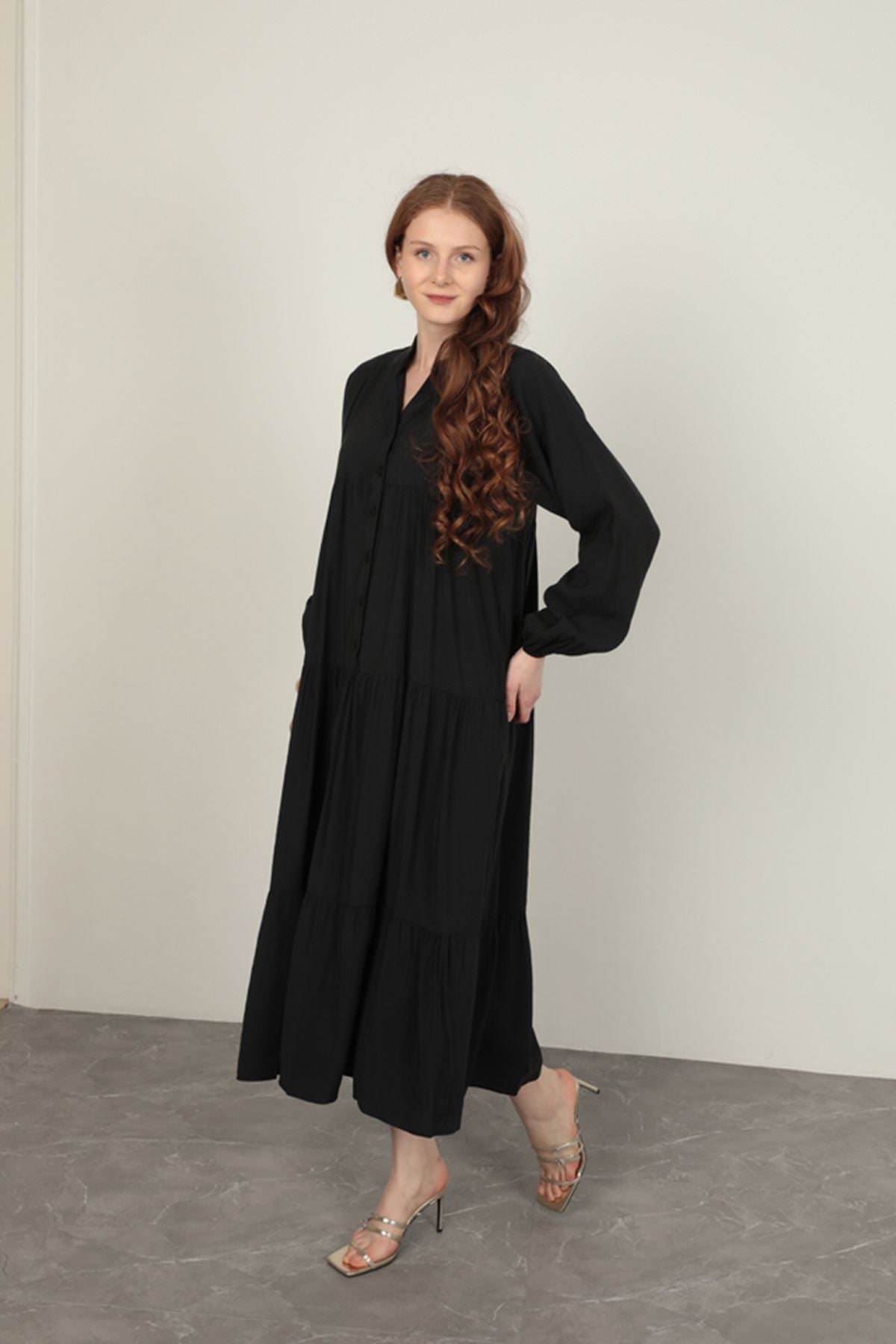 Modal Kumaş Kolu Lastikli Siyah Elbise