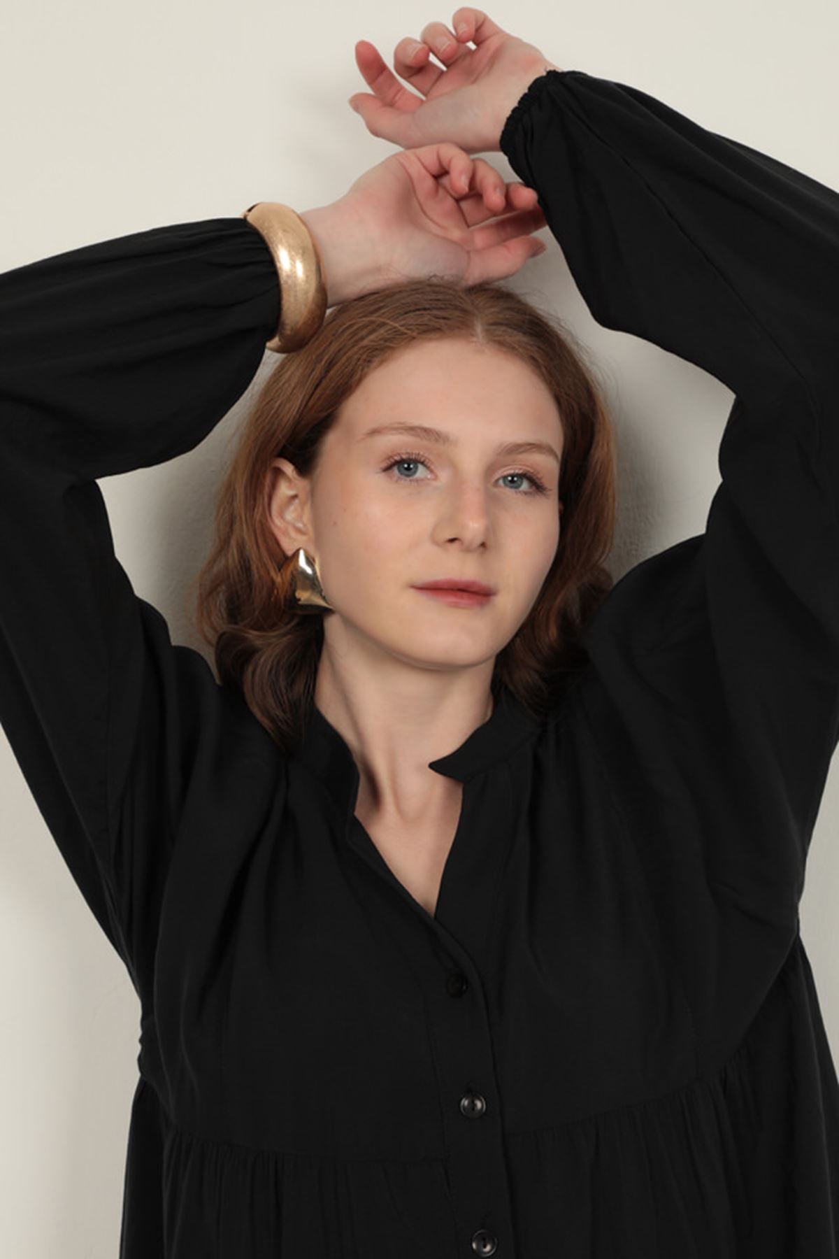 Modal Kumaş Kolu Lastikli Siyah Elbise