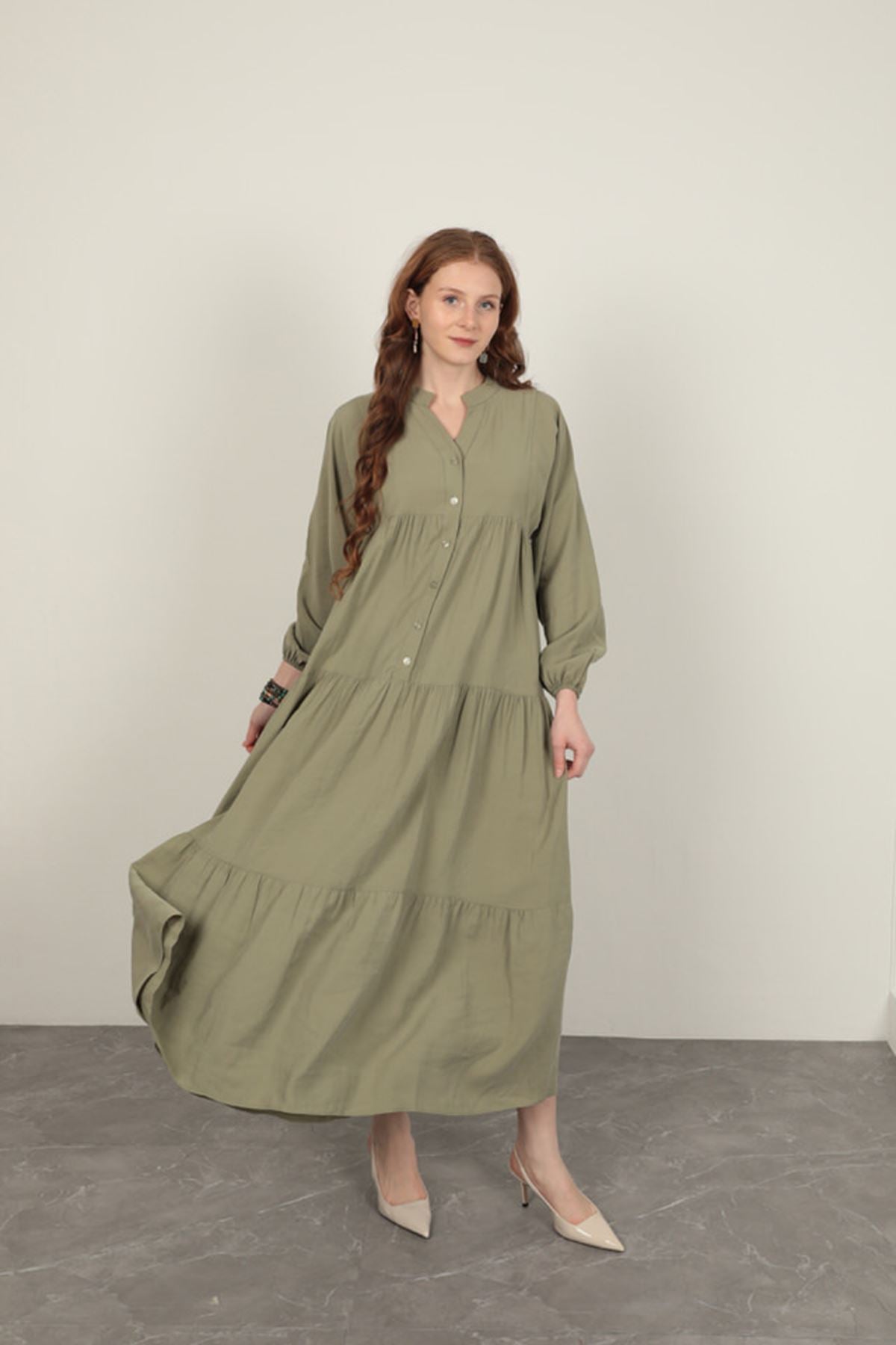 Modal Kumaş Kolu Lastikli Elbise-Açık Haki