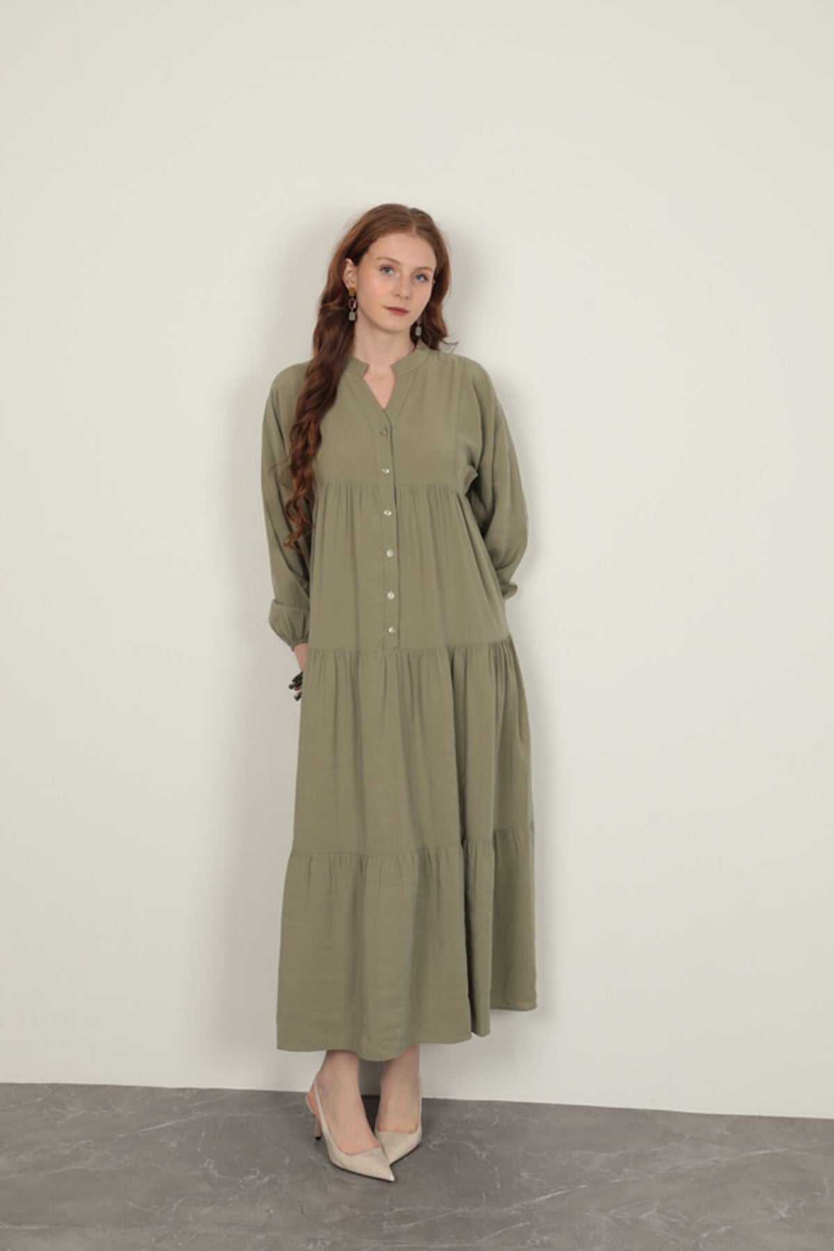 Modal Kumaş Kolu Lastikli Elbise-Açık Haki