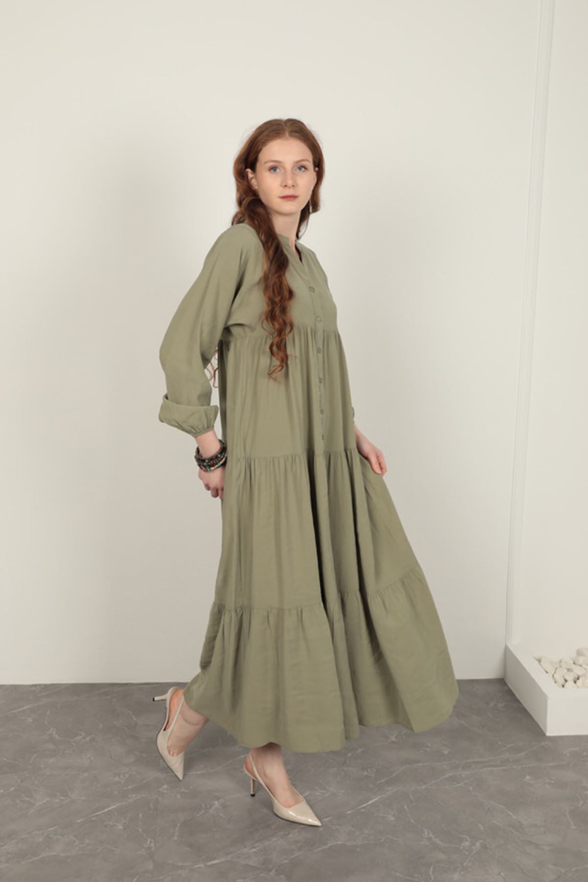 Modal Kumaş Kolu Lastikli Elbise-Açık Haki