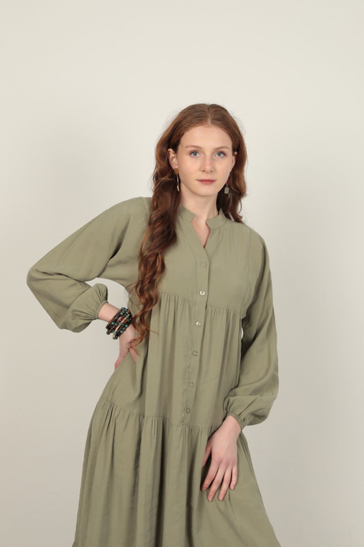 Modal Kumaş Kolu Lastikli Elbise-Açık Haki