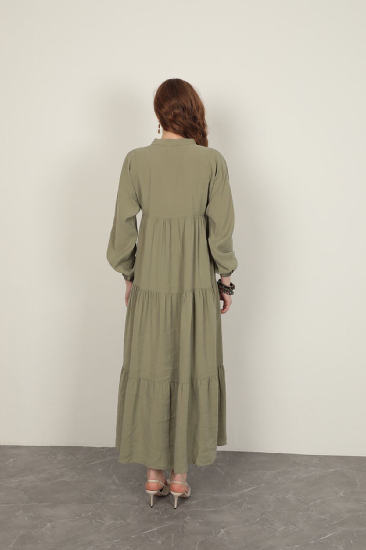 Modal Kumaş Kolu Lastikli Elbise-Açık Haki