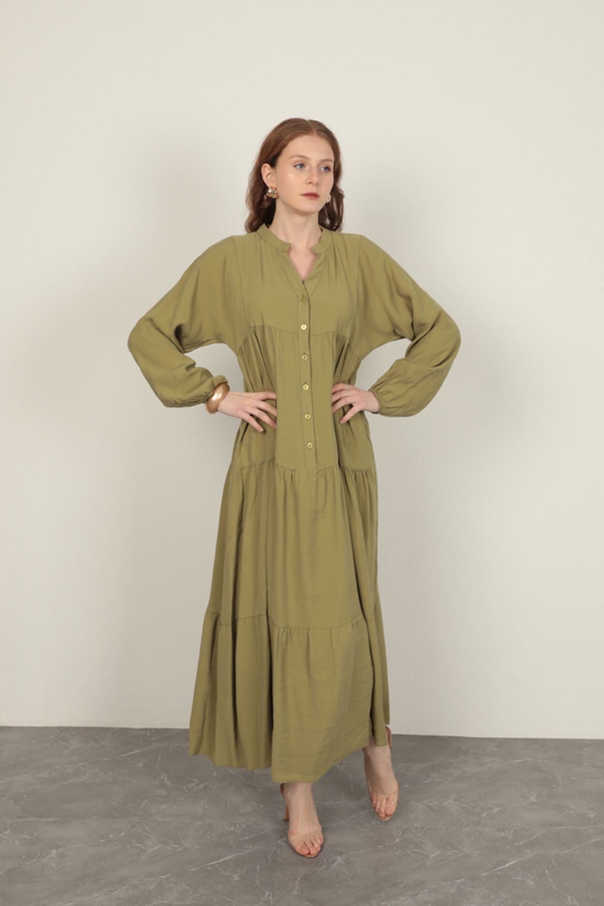 Modal Kumaş Kolu Lastikli Koyu Haki Elbise