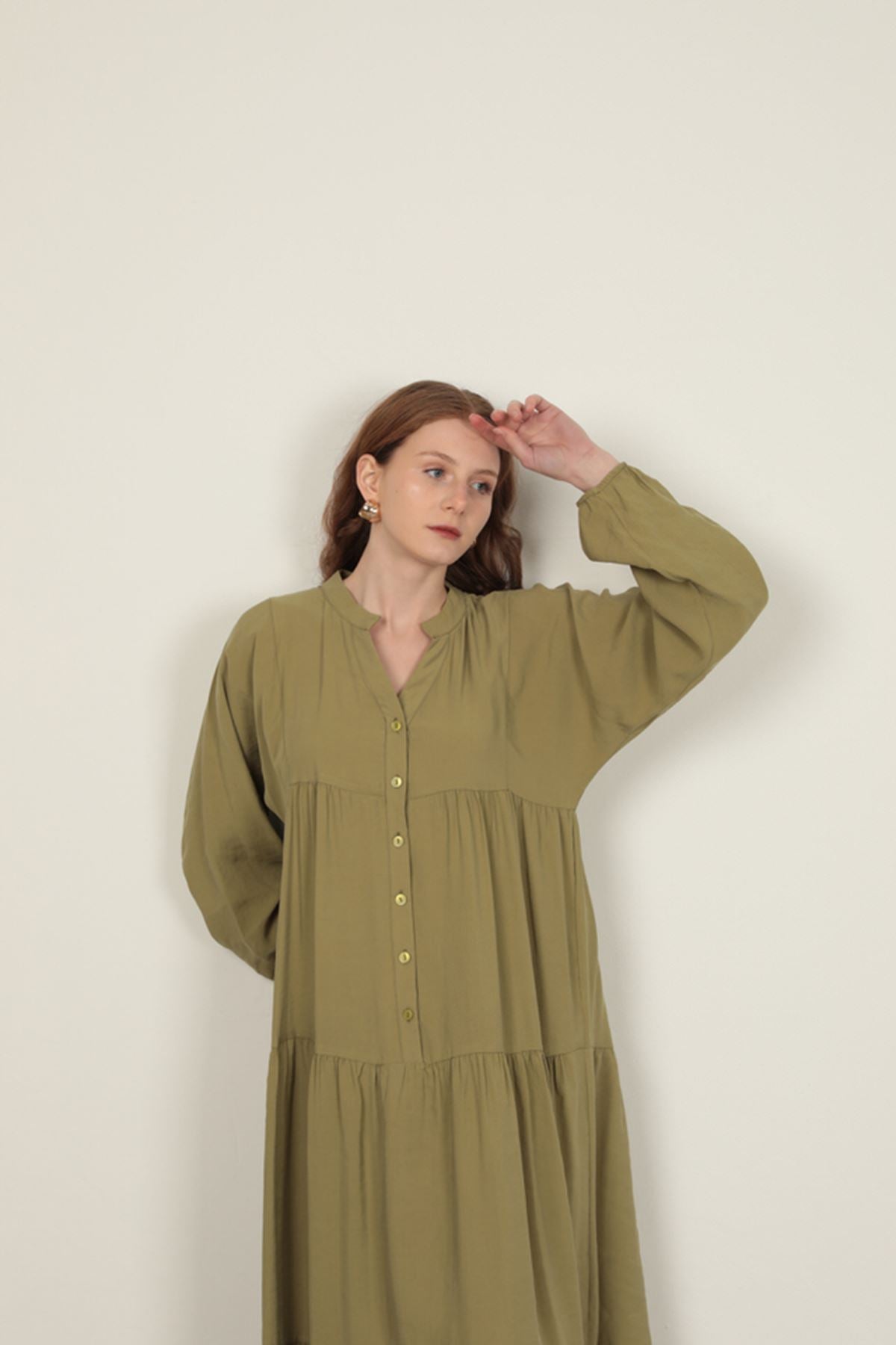 Modal Kumaş Kolu Lastikli Koyu Haki Elbise