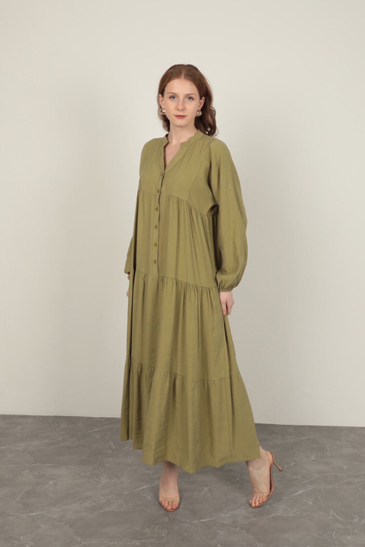 Modal Kumaş Kolu Lastikli Koyu Haki Elbise