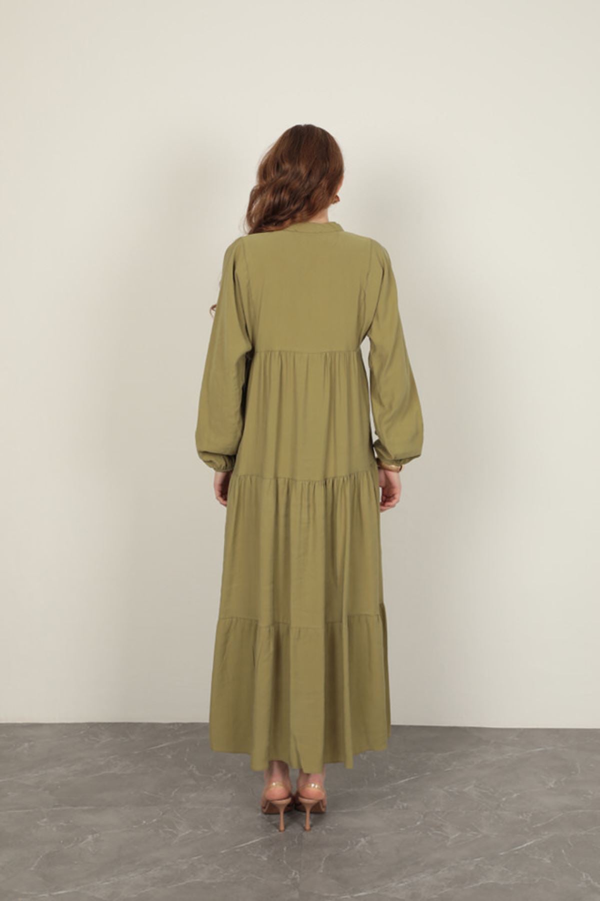 Modal Kumaş Kolu Lastikli Koyu Haki Elbise