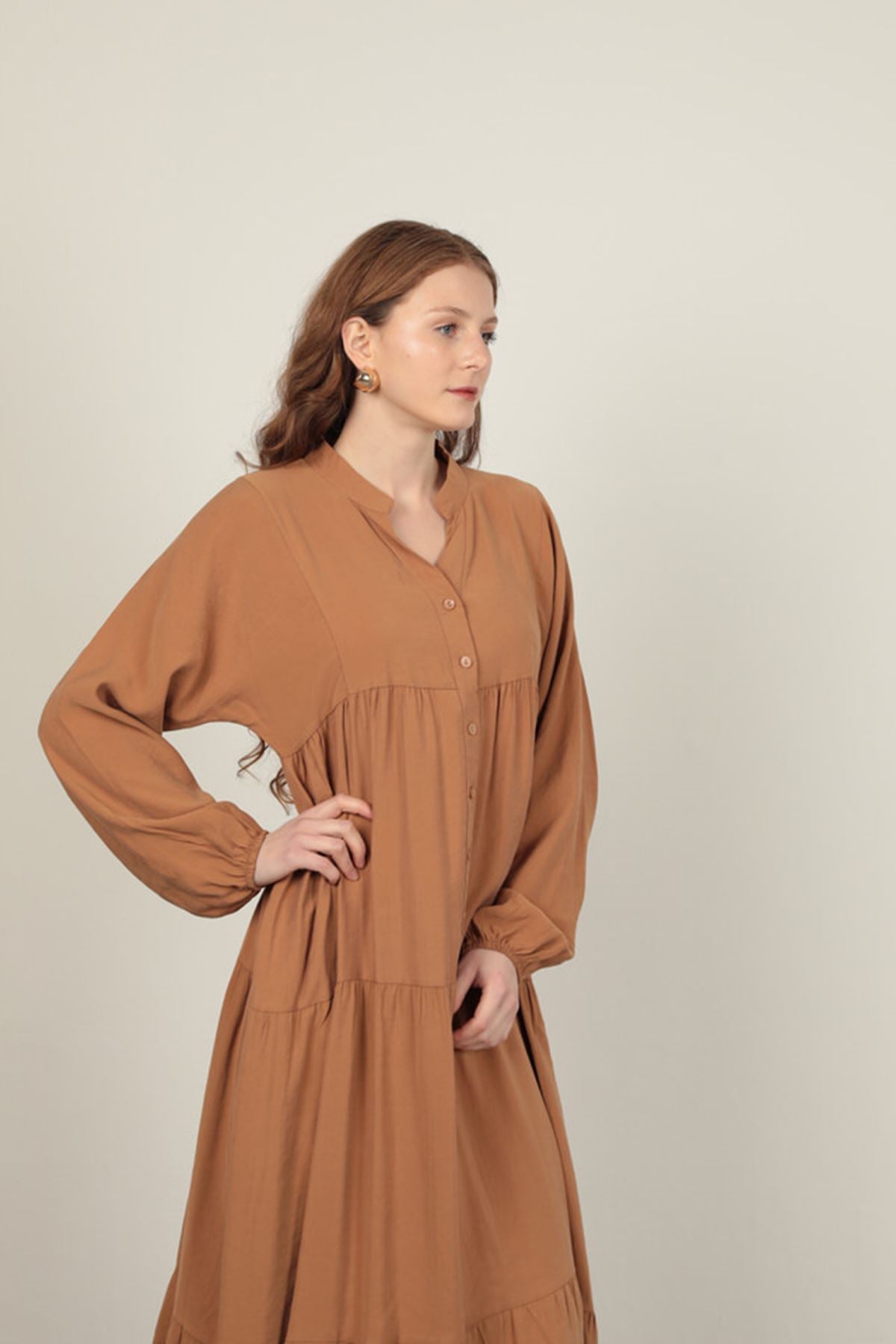 Modal Kumaş Kolu Lastikli Taba Elbise