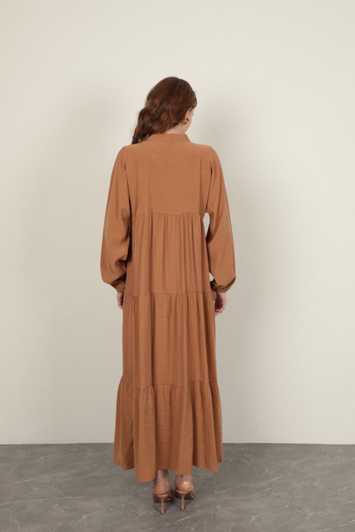 Modal Kumaş Kolu Lastikli Taba Elbise