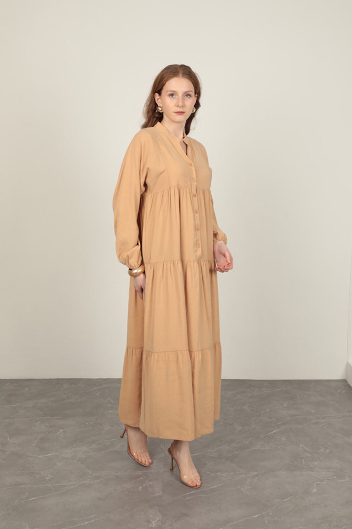 Modal Kumaş Kolu Lastikli Bej Elbise