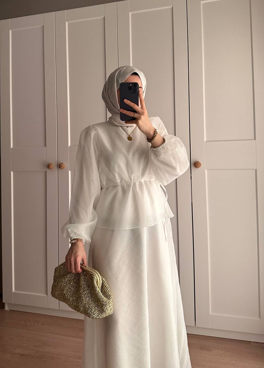 Manolya Organze Kumaş Elbise Beyaz