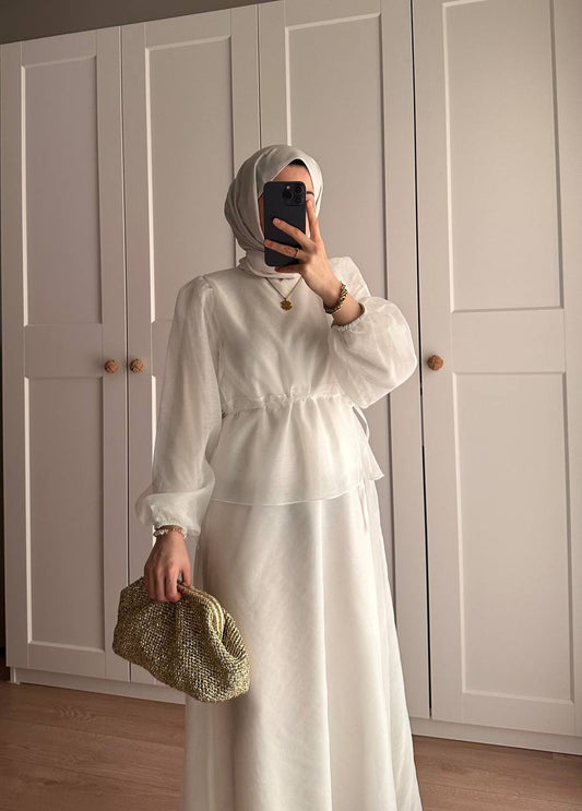 Manolya Organze Kumaş Elbise Beyaz