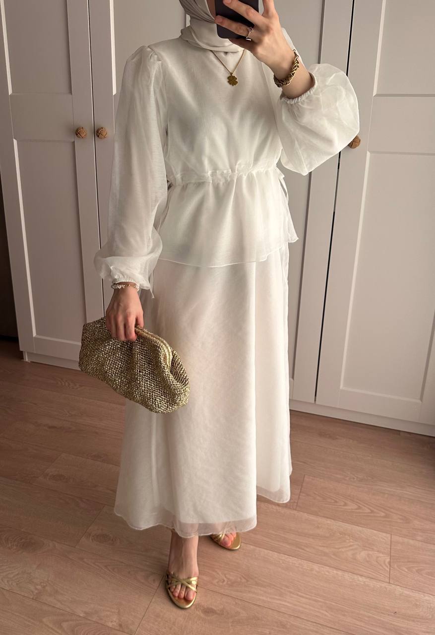 Manolya Organze Kumaş Elbise Beyaz