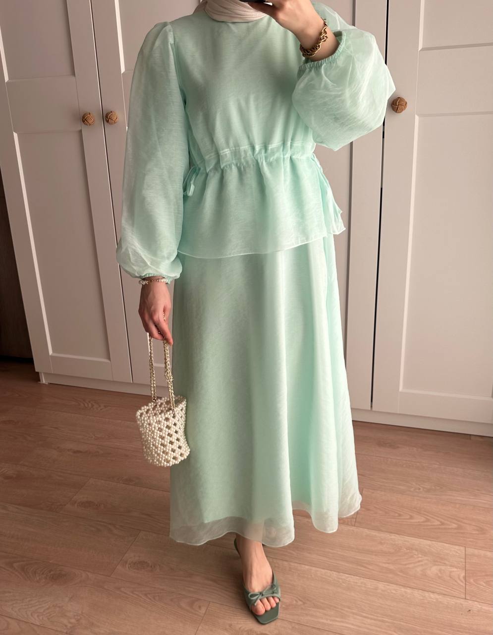 Manolya Organze Kumaş Elbise Su Yeşili