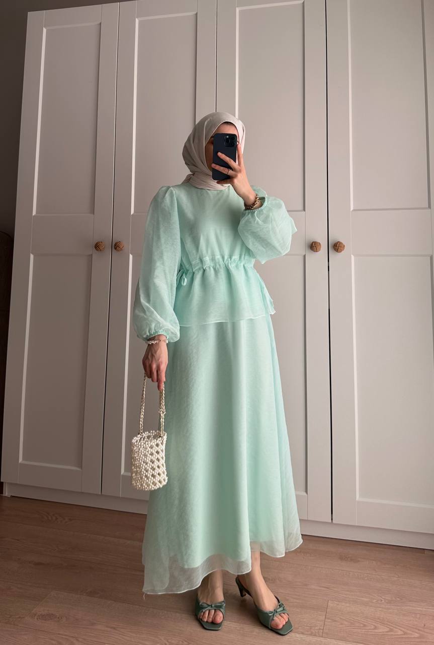 Manolya Organze Kumaş Elbise Su Yeşili