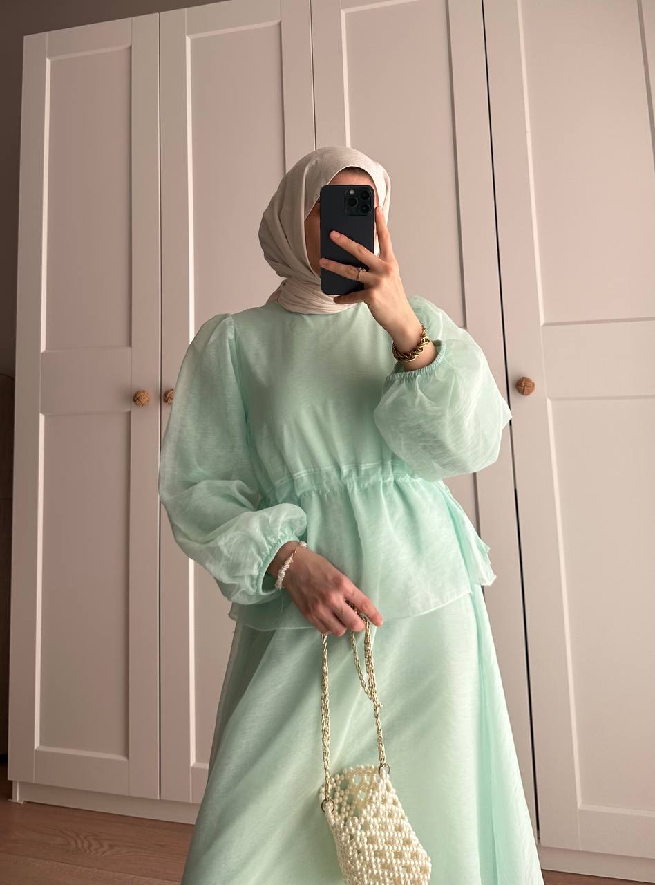 Manolya Organze Kumaş Elbise Su Yeşili