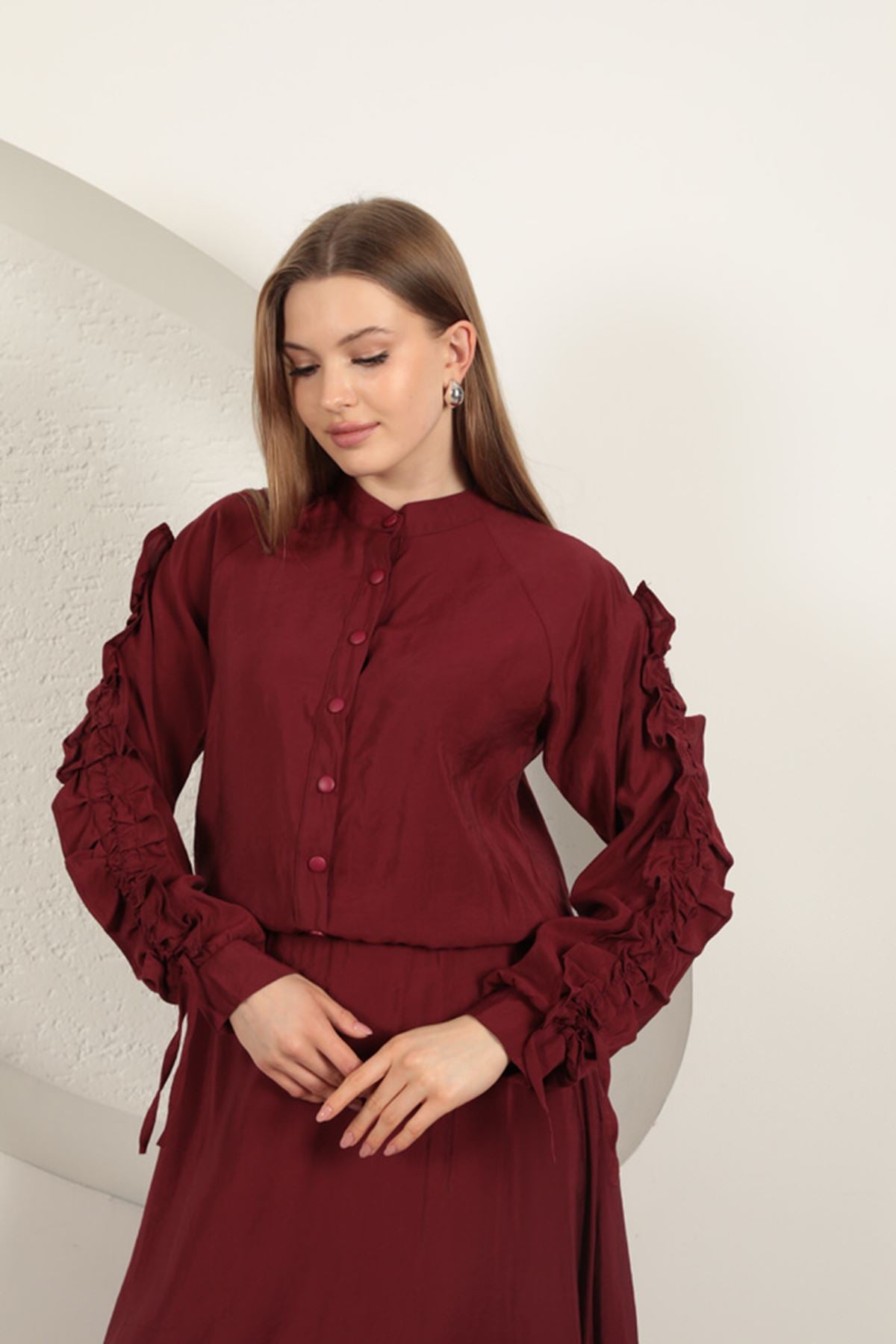 Modal Kumaş Kol Detaylı Takım-Bordo