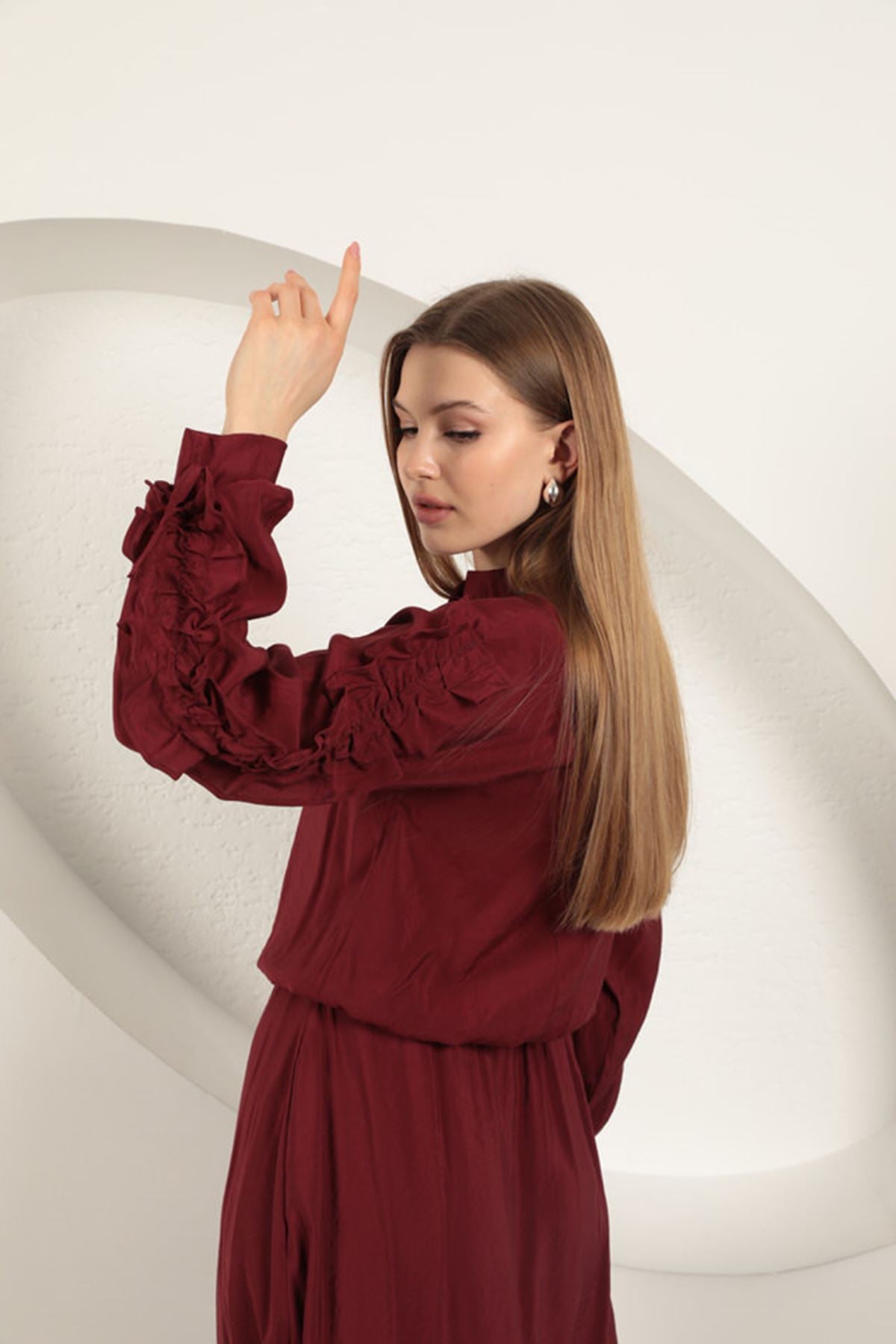 Modal Kumaş Kol Detaylı Takım-Bordo