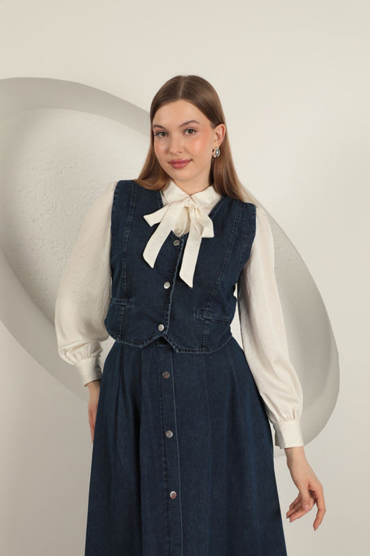 Denim Kumaş Yelekli Takım-Koyu Mavi