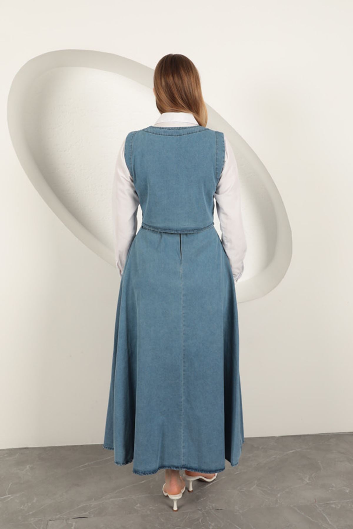 Denim Kumaş Yelekli Takım-Mavi