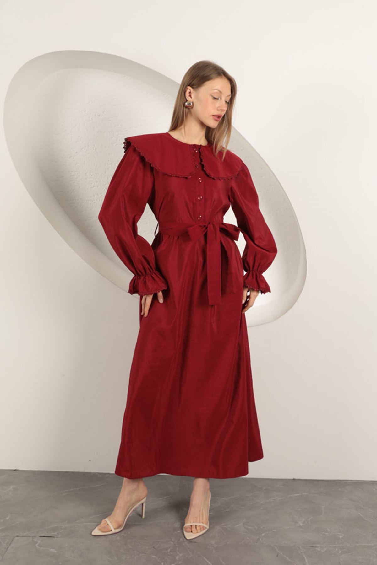Modal Kumaş Dantelli Kadın Elbise-Bordo