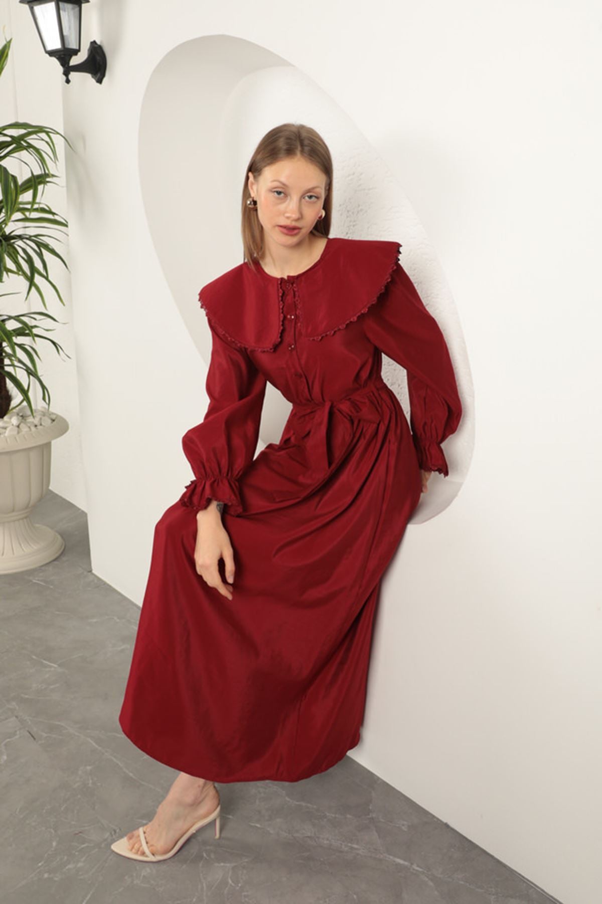 Modal Kumaş Dantelli Kadın Elbise-Bordo