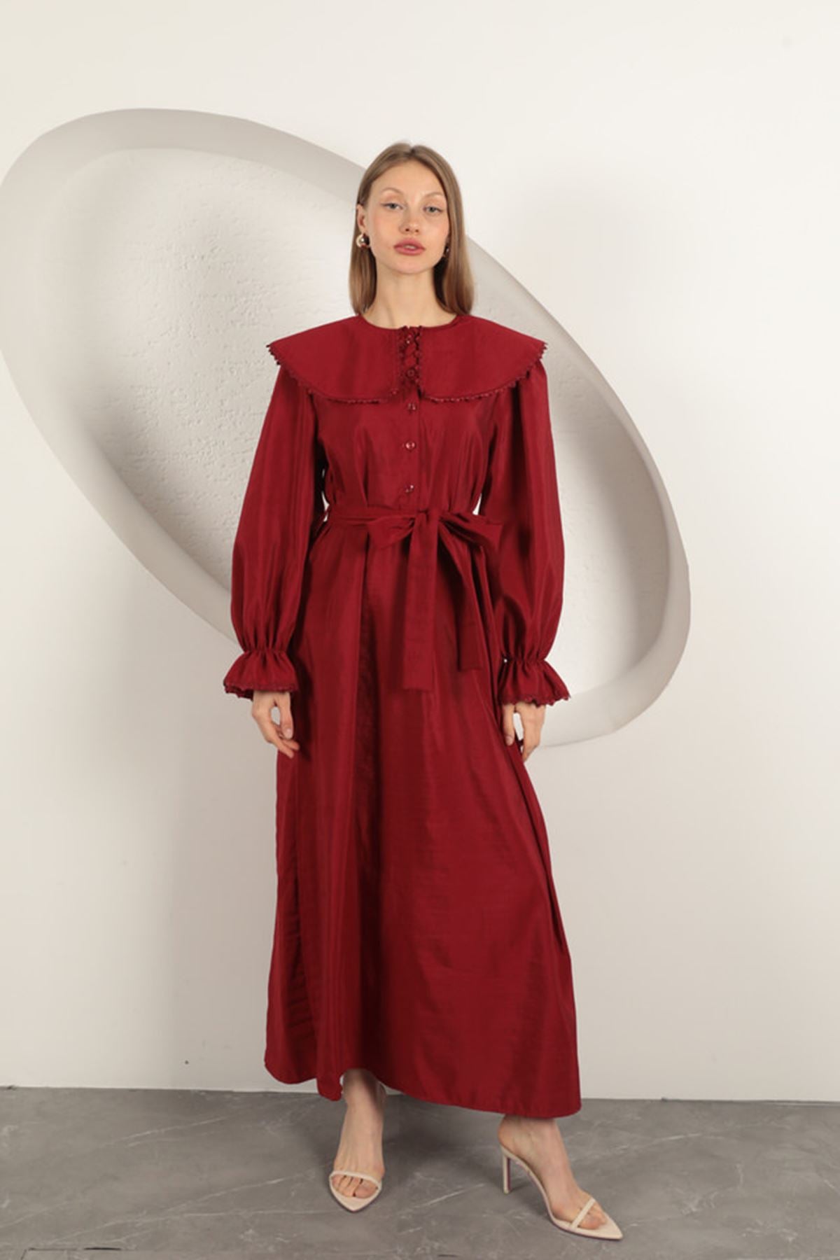 Modal Kumaş Dantelli Kadın Elbise-Bordo