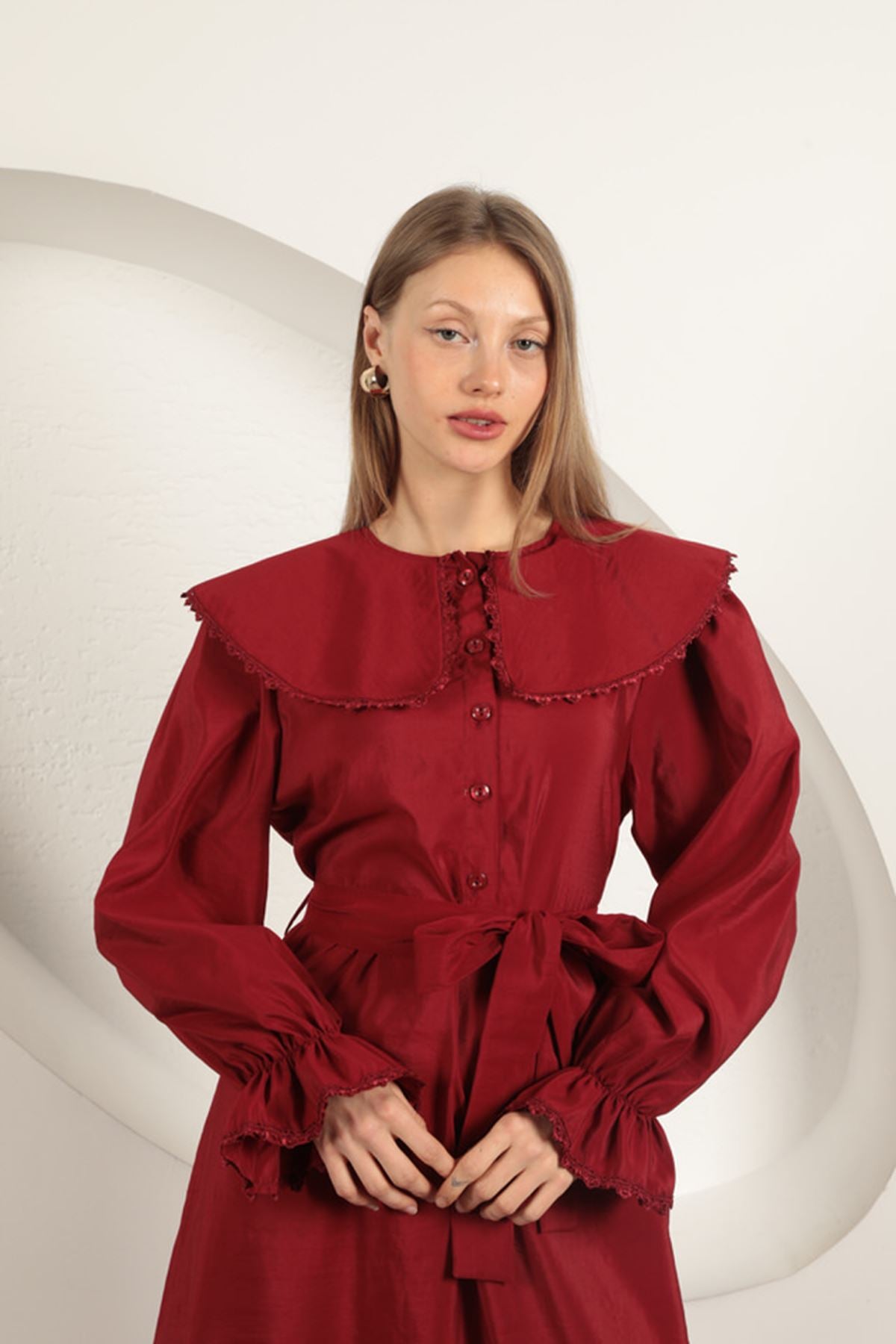 Modal Kumaş Dantelli Kadın Elbise-Bordo