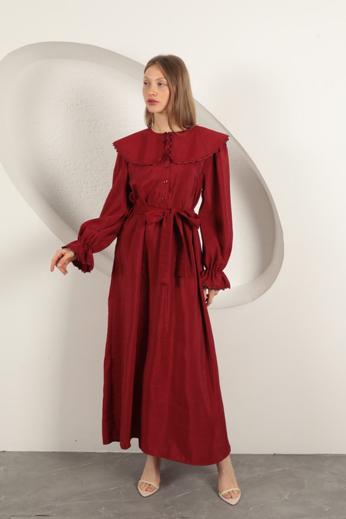 Modal Kumaş Dantelli Kadın Elbise-Bordo