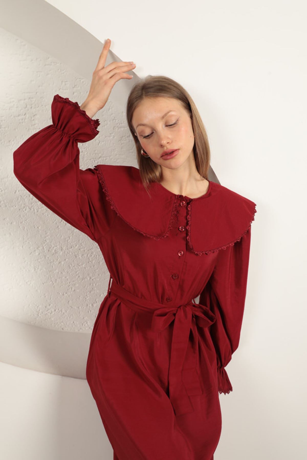 Modal Kumaş Dantelli Kadın Elbise-Bordo