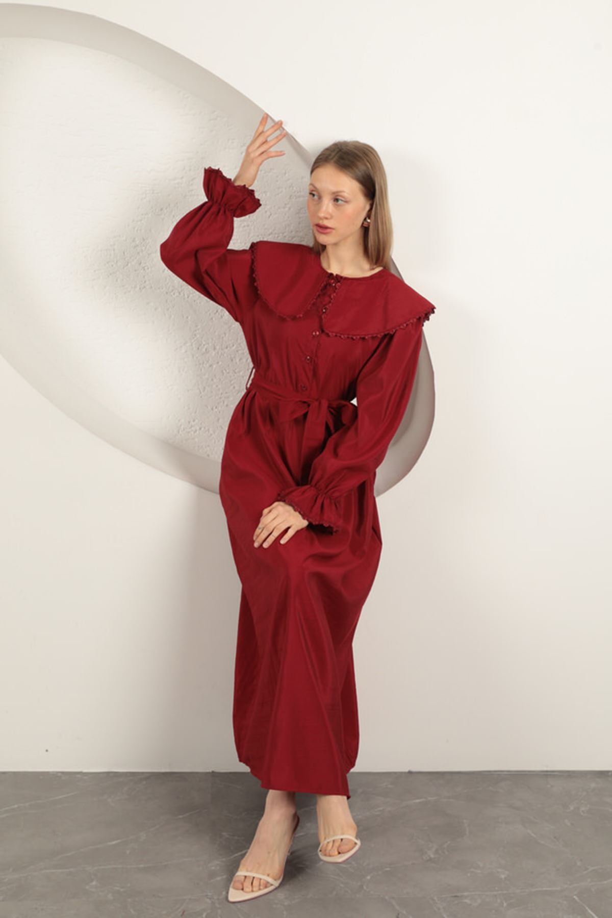 Modal Kumaş Dantelli Kadın Elbise-Bordo