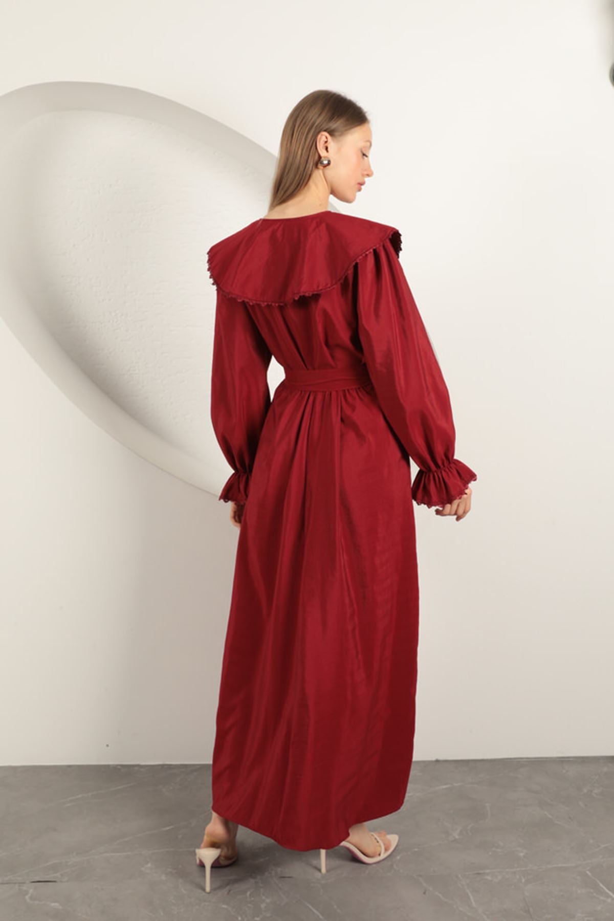 Modal Kumaş Dantelli Kadın Elbise-Bordo