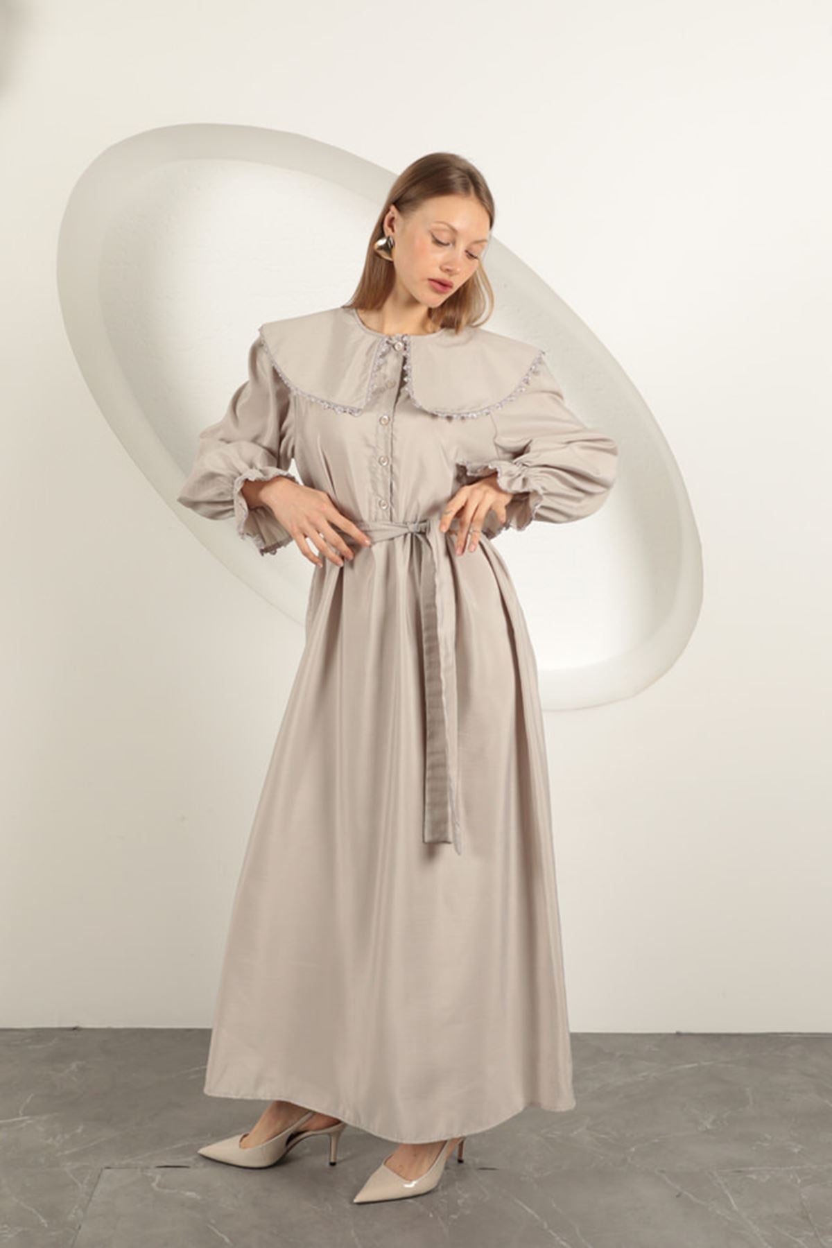 Modal Kumaş Dantelli Kadın Elbise-Taş